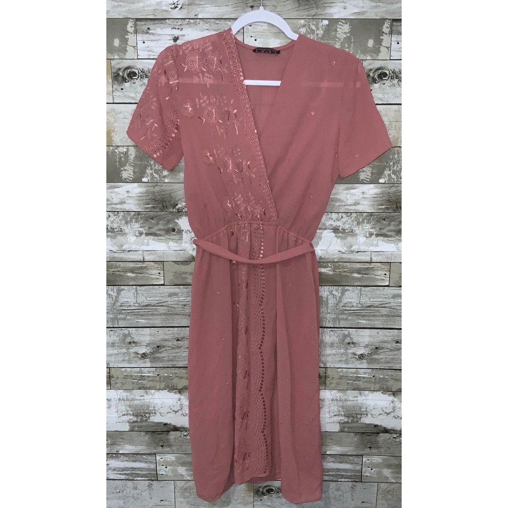 Vintage R.O.P. Womens Pink V Neck‎ MIDI  Sheer Floral Embroidered Dress